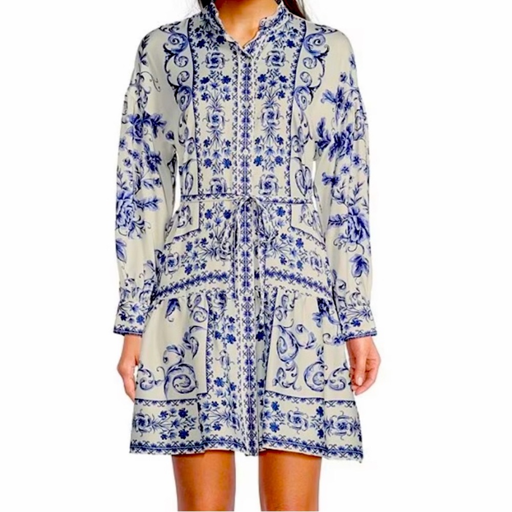 Alex Marie Wren Flor Blue Chinoiserie Scroll Mini Dress tie belt size 8 medium